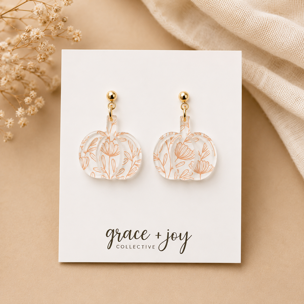 Orange Floral Pumpkin Dangle Earrings, Acrylic Earrings