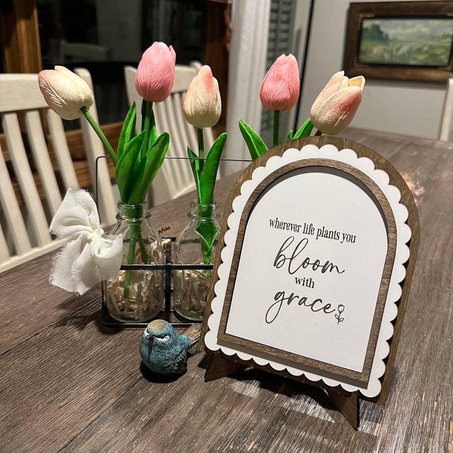 Bloom with Grace | Scalloped Wood Arch Sign