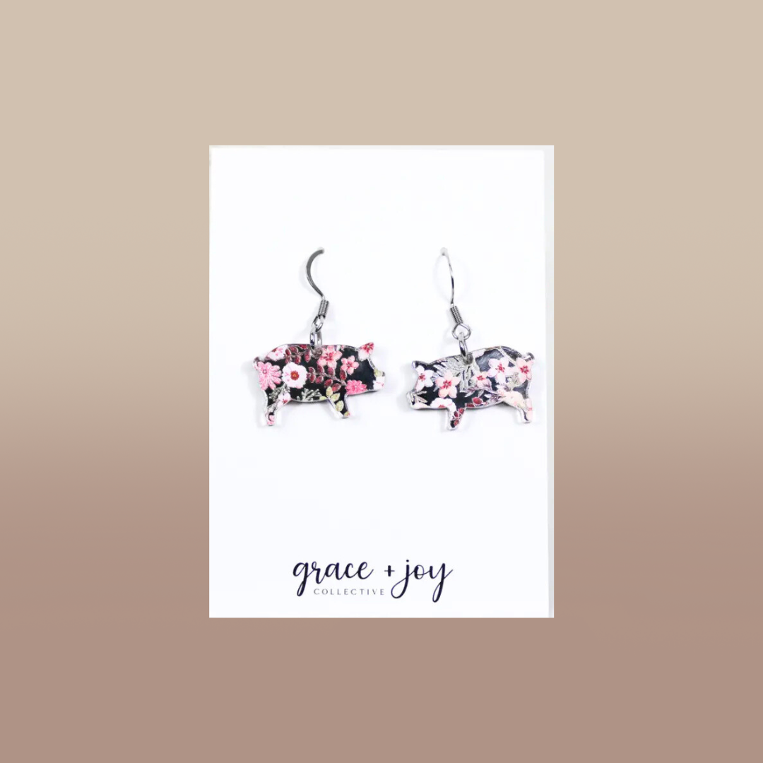 Floral Pig Dangle Earrings, Acrylic Earrings