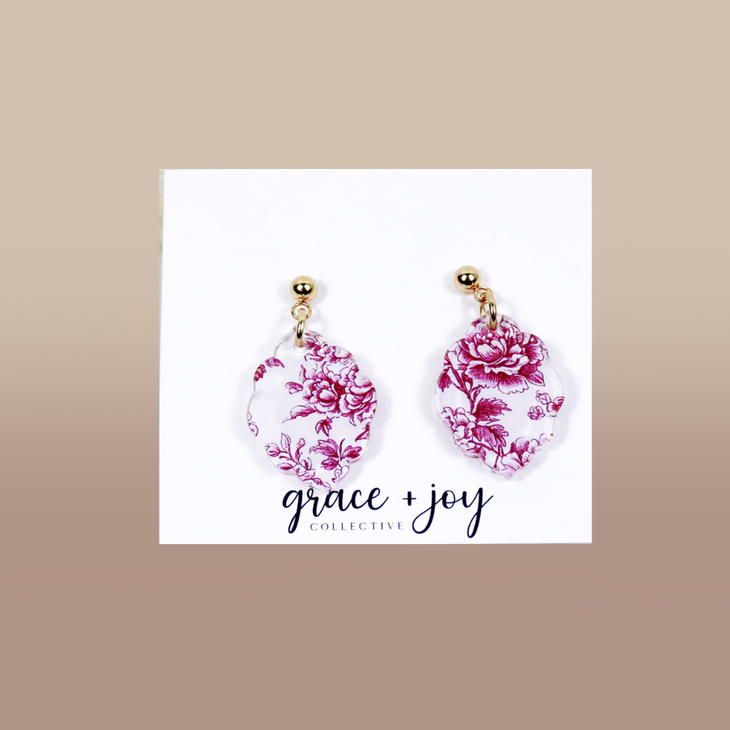 Pink and White Chinoiserie Scalloped Dangle Earrings