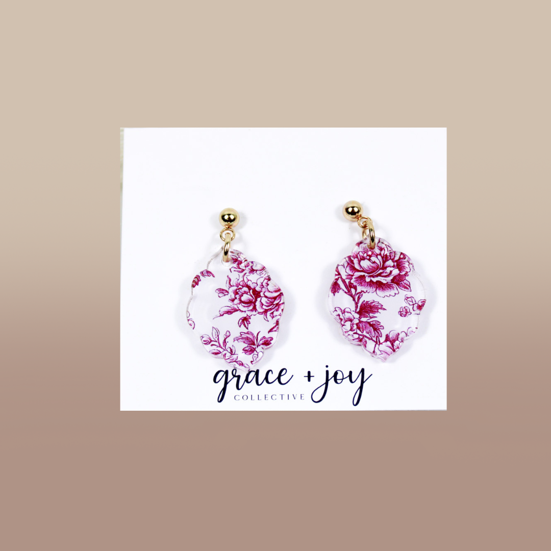Pink and White Chinoiserie Scalloped Dangle Earrings