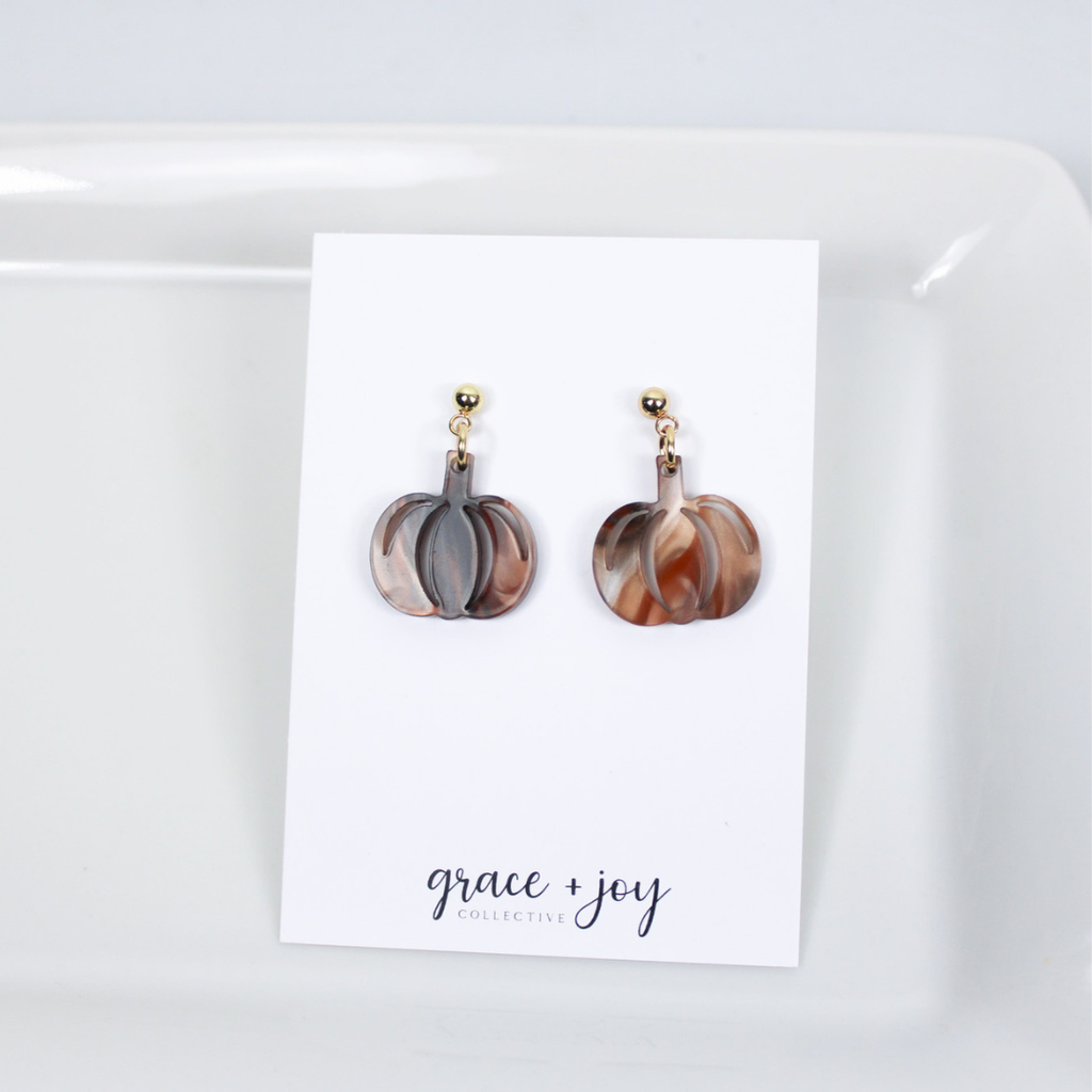 Brown Marble Pumpkin Dangle Earrings, Acrylic Earrings