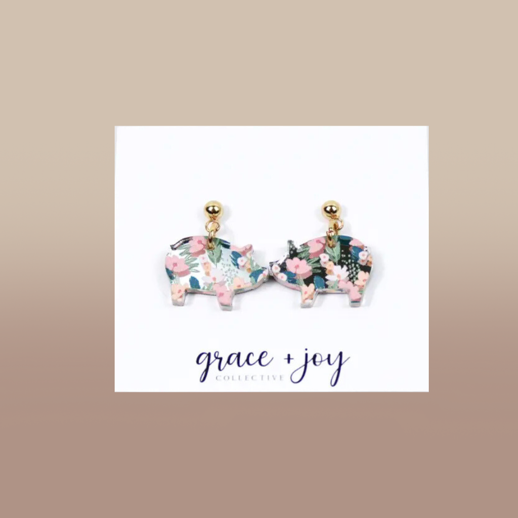 Floral Pig Dangle Earrings, Acrylic Earrings