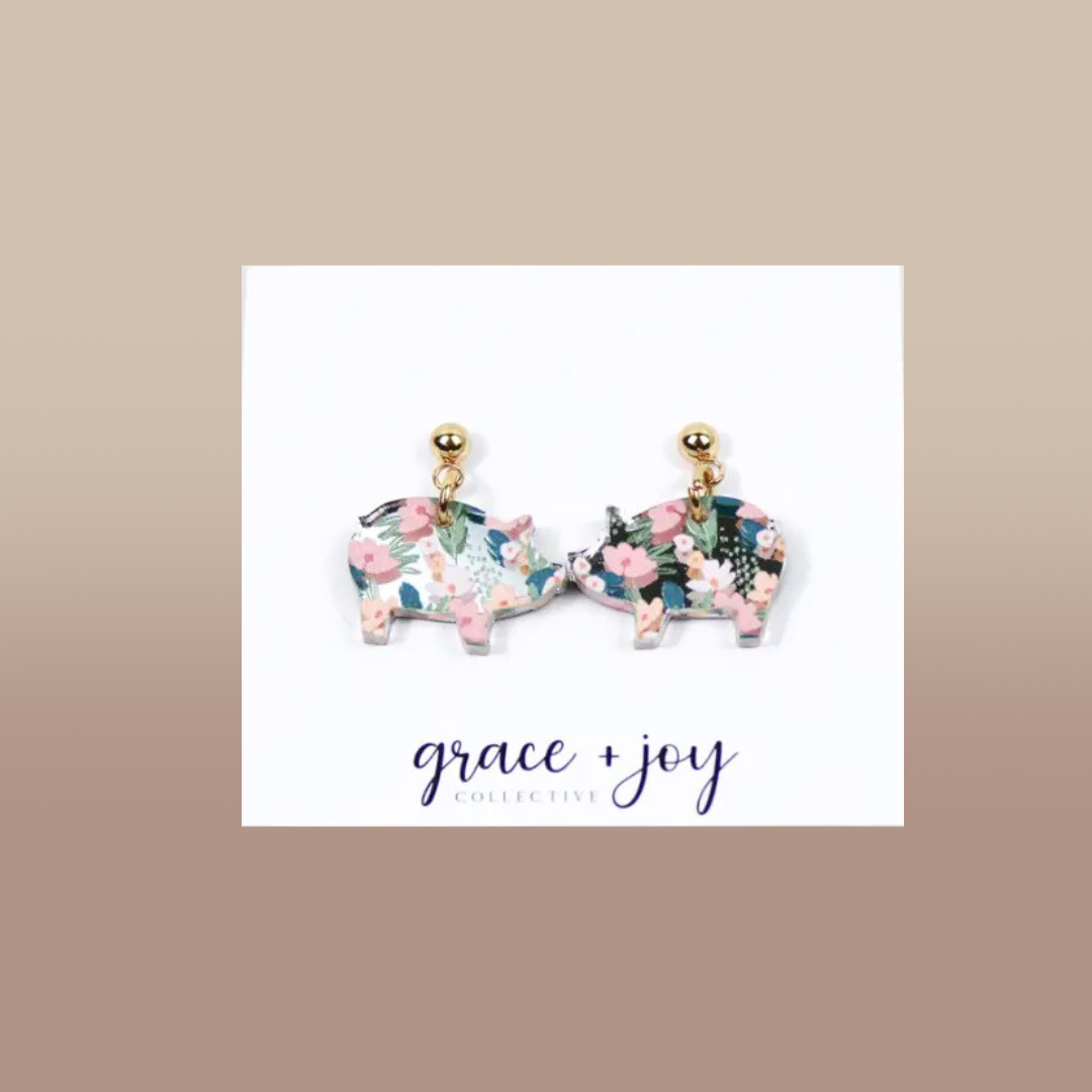 Floral Pig Dangle Earrings, Acrylic Earrings