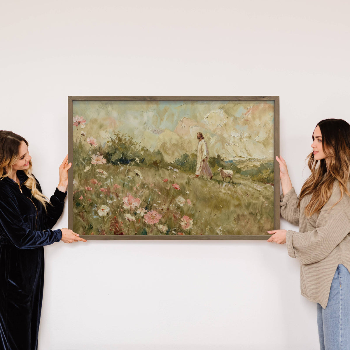 Lamb Following Jesus Wildflowers - Cottage Living Room Art