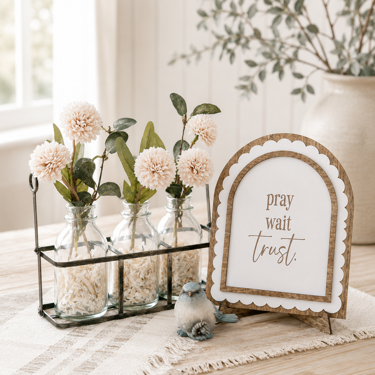 Pray Wait Trust | Scalloped Wood Arch Sign