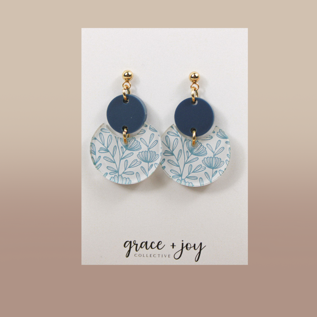 Blue Floral Dangle Earrings, Acrylic Earrings