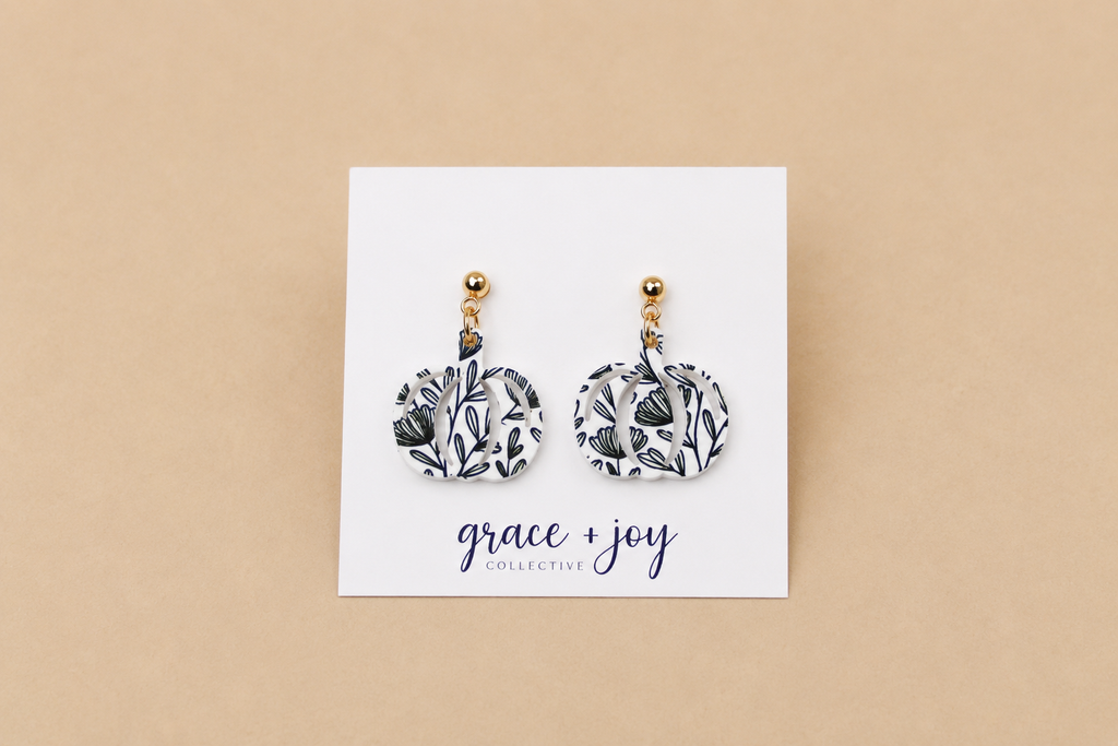 Black and White Floral Pumpkin Dangle Earrings, Acrylic