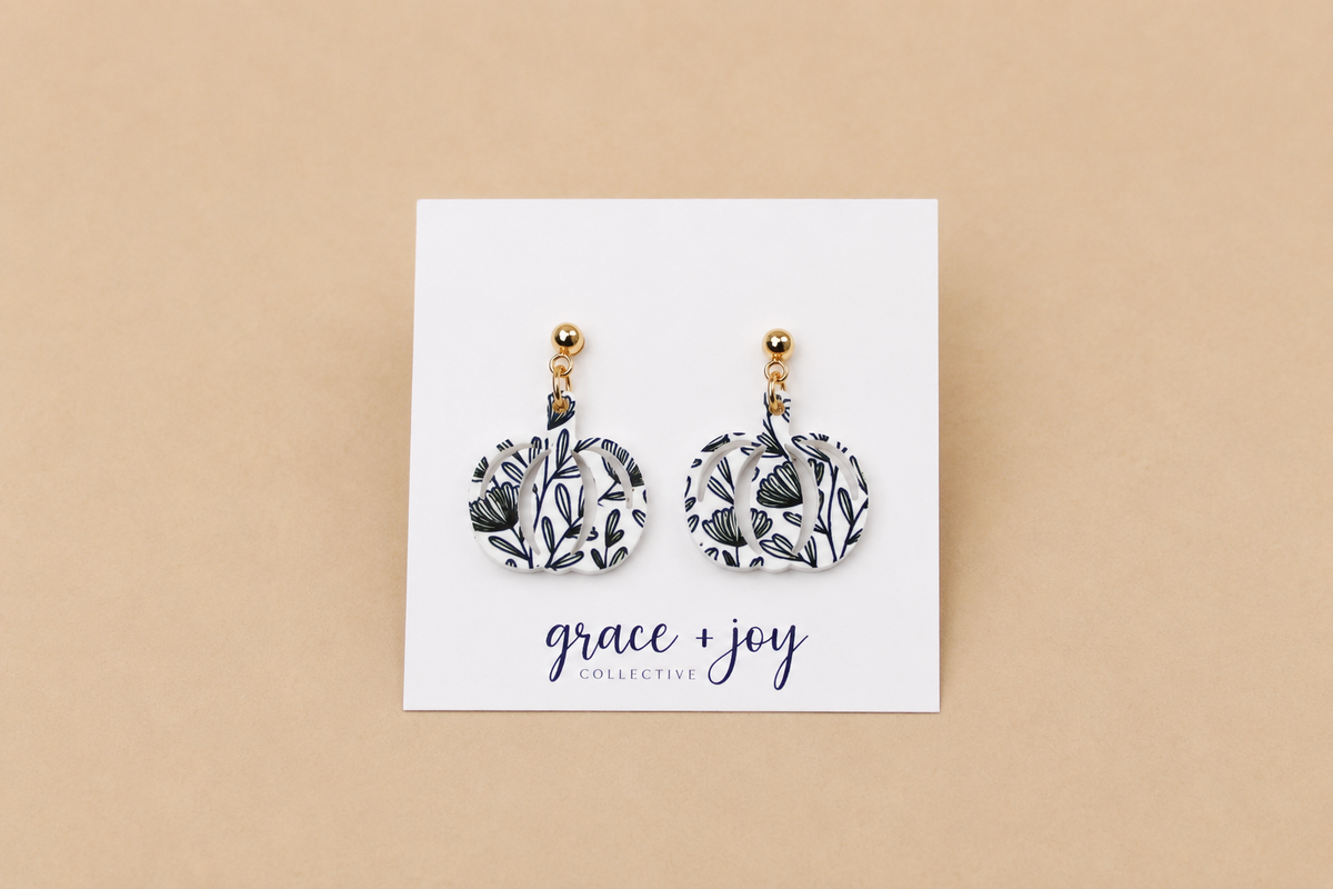 Black and White Floral Pumpkin Dangle Earrings, Acrylic