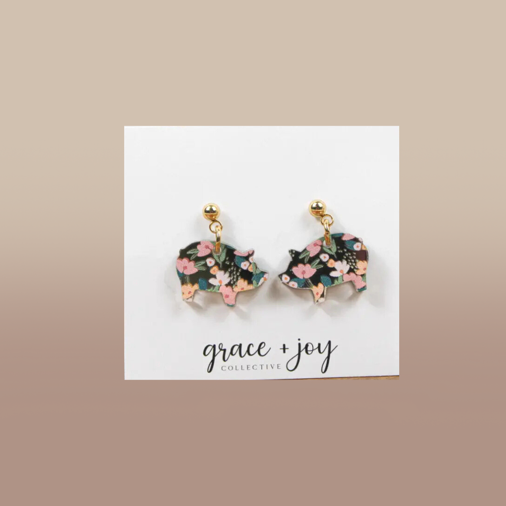 Floral Pig Dangle Earrings, Acrylic Earrings