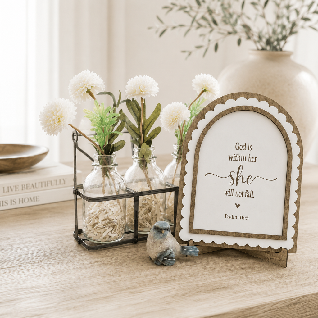 God Is Within Her, She Will Not Fall | Psalm 46:5 | Scalloped Wood Arch Sign