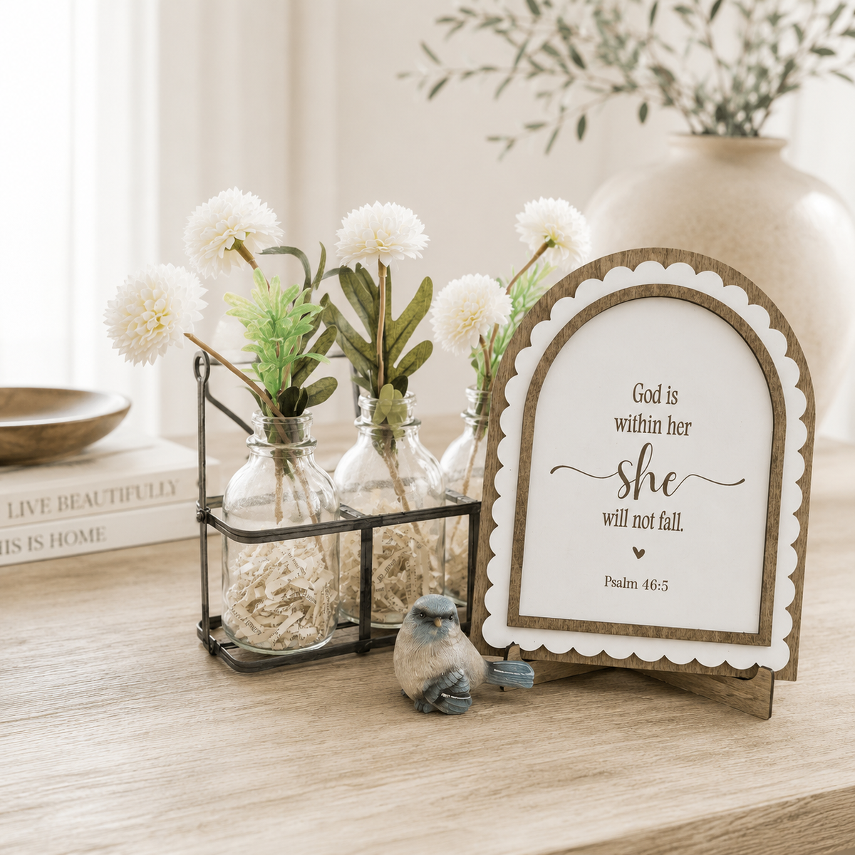 God Is Within Her, She Will Not Fall | Psalm 46:5 | Scalloped Wood Arch Sign
