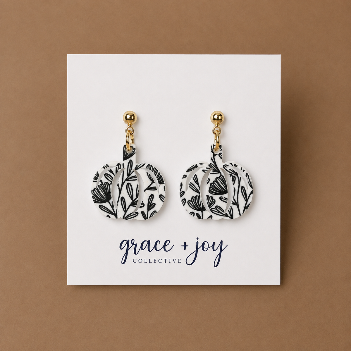 Black and White Floral Pumpkin Dangle Earrings, Acrylic