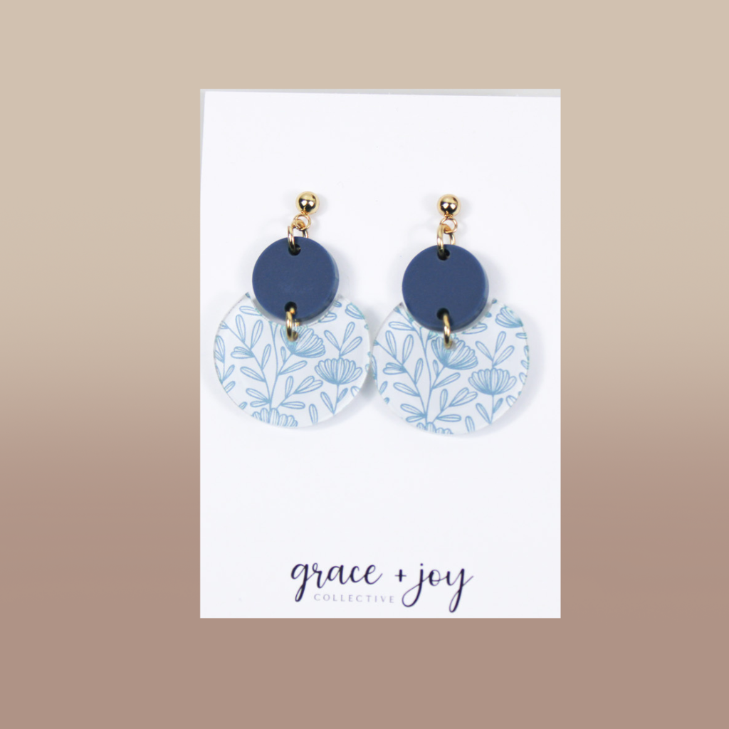 Blue Floral Dangle Earrings, Acrylic Earrings