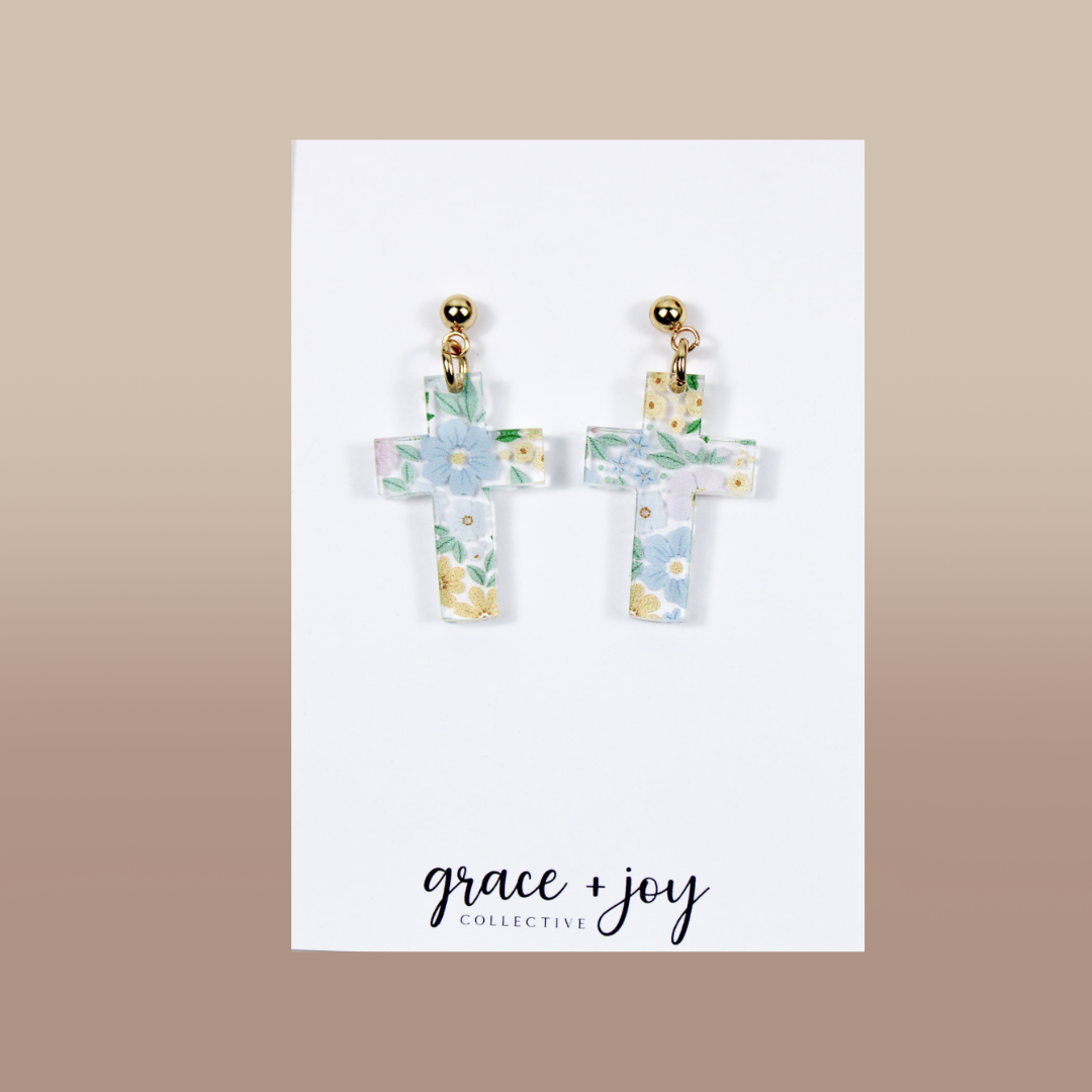 Pastel Floral Cross Dangle Earrings, Easter Acrylic Earring