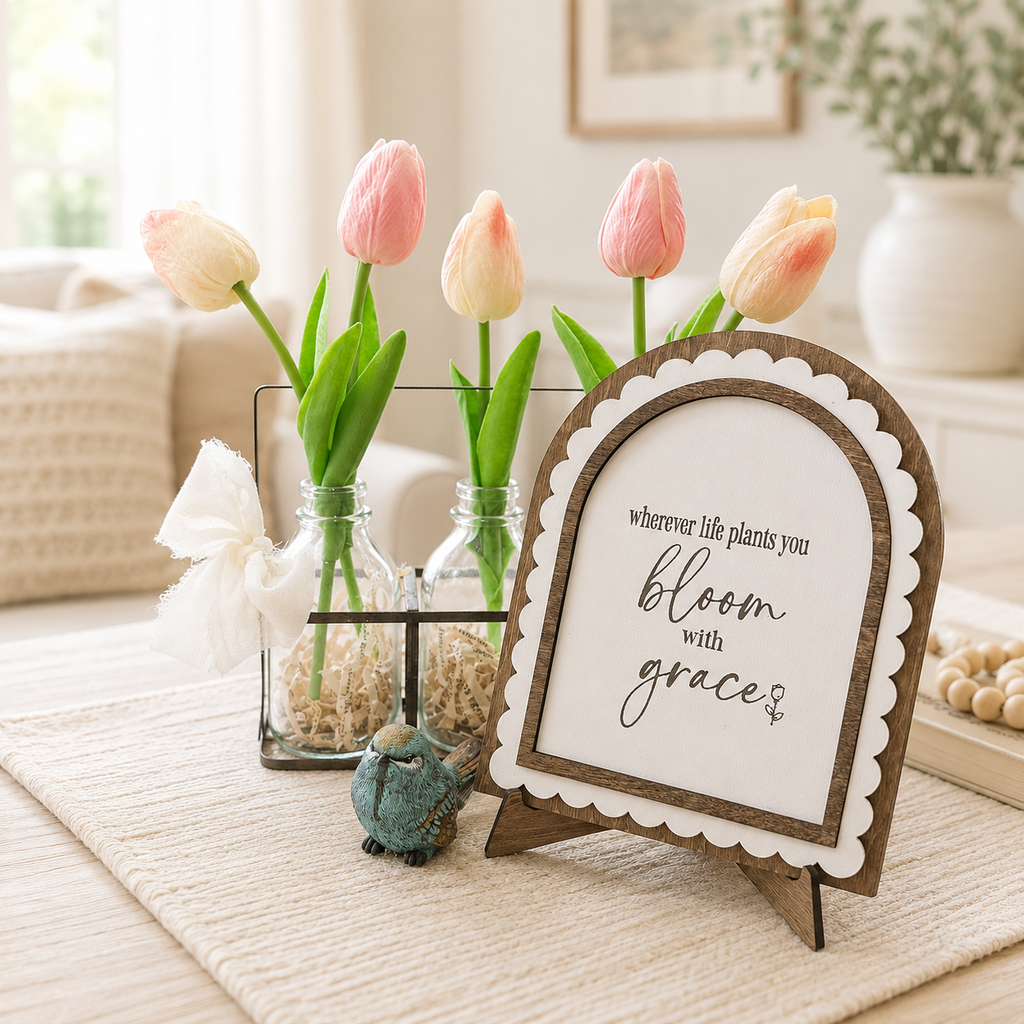 Bloom with Grace | Scalloped Wood Arch Sign