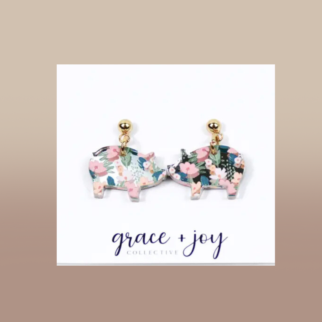 Floral Pig Dangle Earrings, Acrylic Earrings
