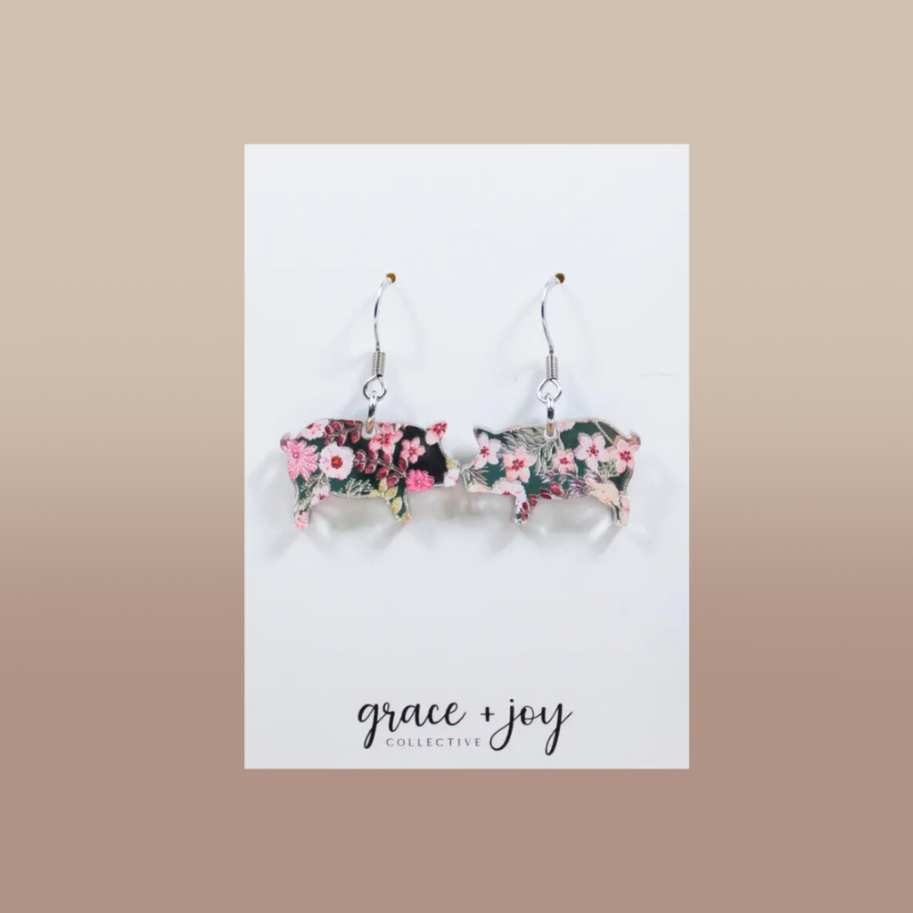 Floral Pig Dangle Earrings, Acrylic Earrings
