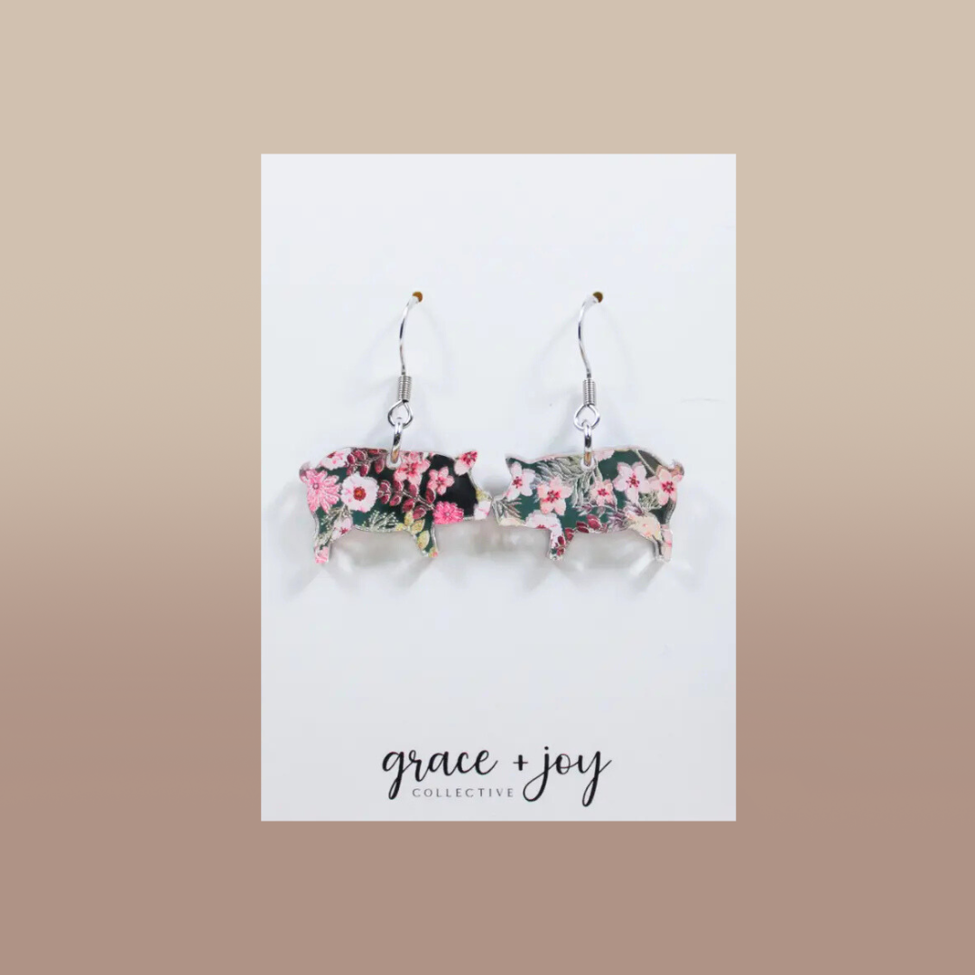 Floral Pig Dangle Earrings, Acrylic Earrings