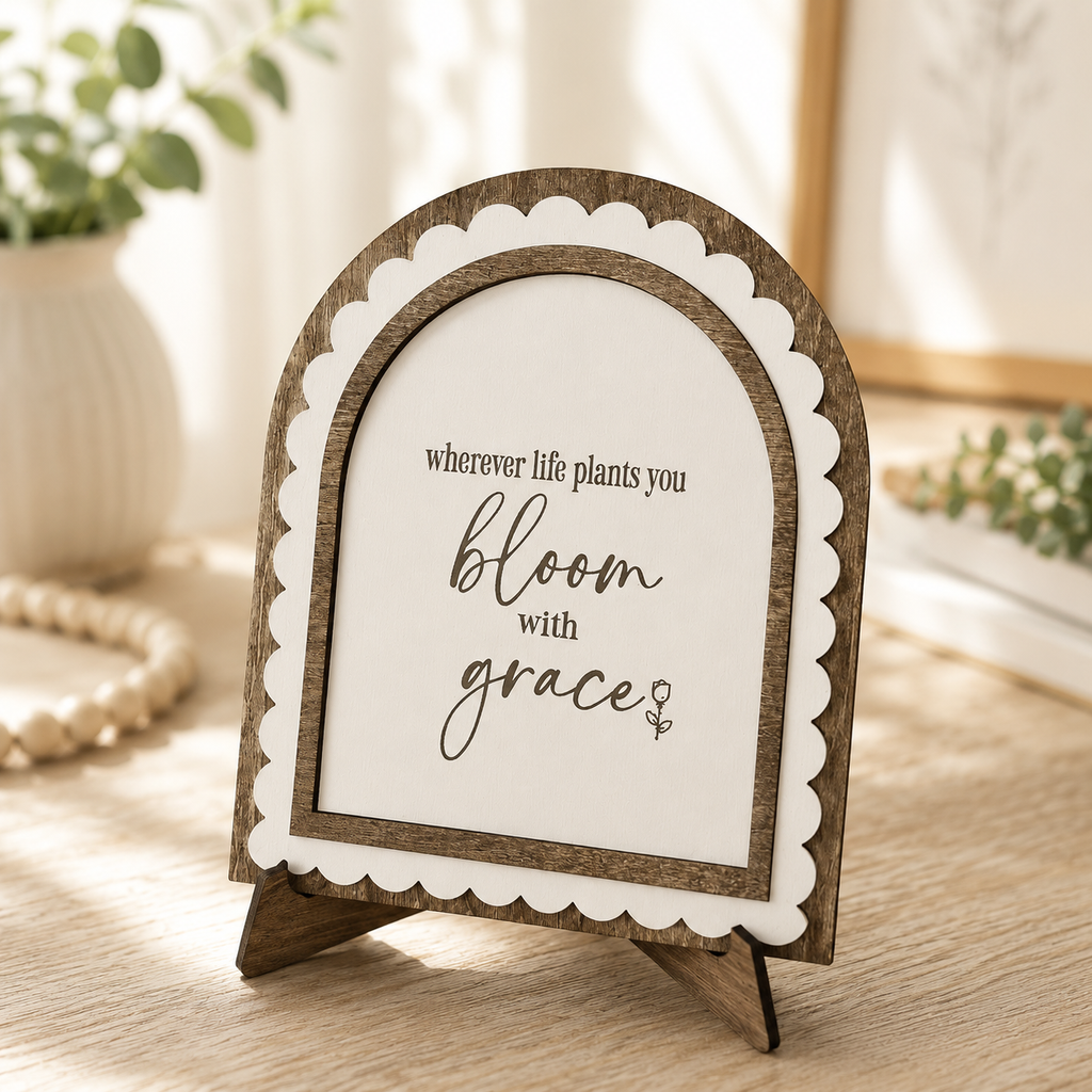 Bloom with Grace | Scalloped Wood Arch Sign