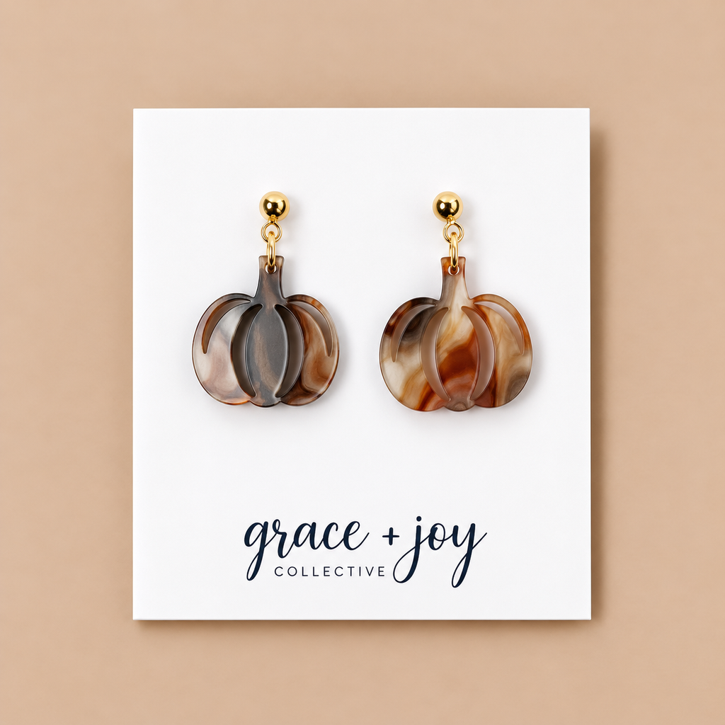 Brown Marble Pumpkin Dangle Earrings, Acrylic Earrings