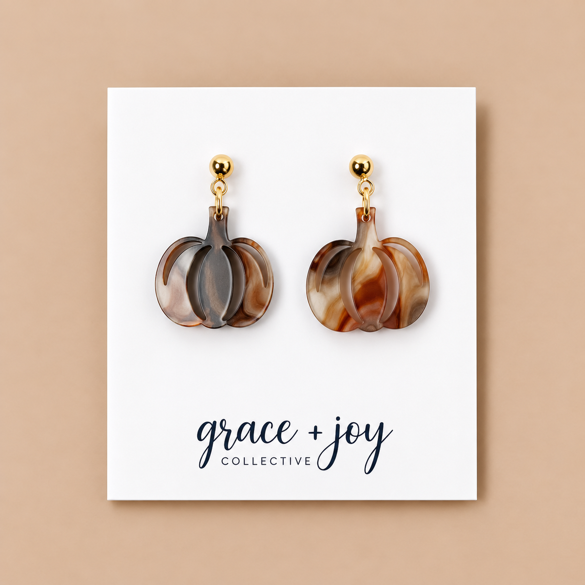Brown Marble Pumpkin Dangle Earrings, Acrylic Earrings