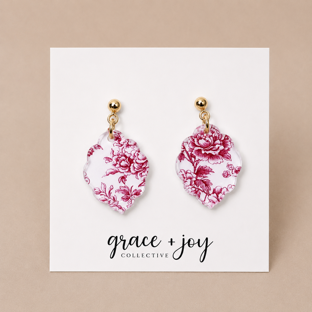 Pink and White Chinoiserie Scalloped Dangle Earrings