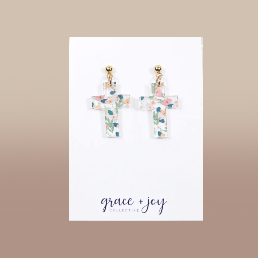 Pastel Floral Cross Dangle Earrings, Acrylic Earrings