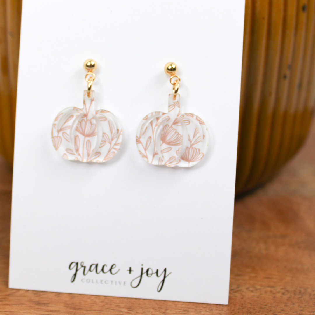 Orange Floral Pumpkin Dangle Earrings, Acrylic Earrings